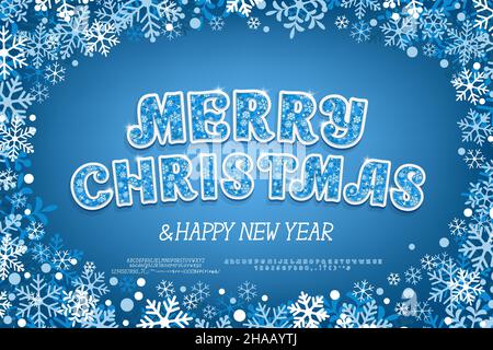 Carte de Noël Merry Christmas avec cadre en flocons de neige bleu-blanc et police décorative sur fond bleu marine.Deux jeux de polices vectorielles sont inclus. Illustration de Vecteur