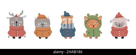 Collection d'illustrations de personnages de dessins animés mignons pour Noël et le nouvel an.Renard, ours, chat, agneau, cerf.Animaux de forêt d'hiver dans Illustration de Vecteur