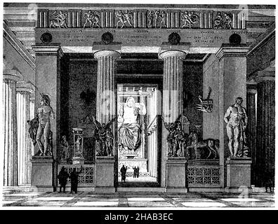 Intérieur du temple de Zeus à Olympie avec la statue colossale du dieu en arrière-plan (reconstruction), , (encyclopédie, 1888), Das Innere vom Tempel des Zeus à Olympia mit der Kolossalstatue des Gottes im Hintergrunde (Rekonstruktion),L'intérieur du temple de Zeus à Olympie avec la statue en colossale du dieu au fond (reconstitution). Banque D'Images