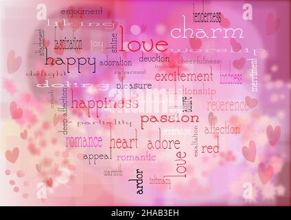 WordCloud de la Saint-Valentin rose.Tous les mots ont trait à l'amour et aux relations, comme le coeur, l'amour, l'excitation sous forme de coeur. Illustration de Vecteur