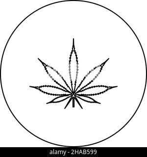 Feuille cannabis marijuana icône de chanvre dans le cercle rond noir couleur vecteur illustration image contour ligne de contour fin style simple Illustration de Vecteur