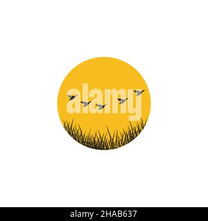 herbe avec coucher de soleil et oiseau groupe mouche logo symbole icône vecteur graphique design illustration idée créative Illustration de Vecteur