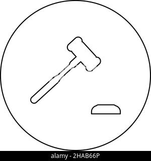 Gavel Hammer juge et enclume auctioneer concept icône en cercle rond noir couleur vecteur illustration image contour ligne de contour fin style simple Illustration de Vecteur