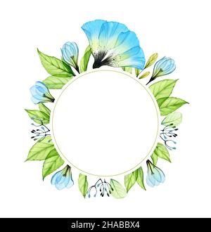 Cadre rond aquarelle avec fleurs bleues.Modèle de bannière avec anémone transparente et gouttes de neige, feuilles vertes fraîches.Place pour le texte et le logo Banque D'Images