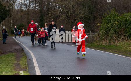 Dalkeith, Midlothian, Écosse, Royaume-Uni, 12th décembre 2021.Santa Run et Elf Dash : l'événement caritatif de collecte de fonds a lieu à Dalkeith Country Park pour collecter des fonds pour CHAS (Children's Hospices à travers l'Écosse) photo : participants à l'Elf Dash pour les plus jeunes enfants avec un garçon prenant la tête en courant vêtu d'un costume de Père Noël Banque D'Images