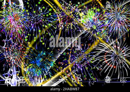 Feux d'artifice abstrait fond noir or argent rouge bleu jaune rose vert Banque D'Images