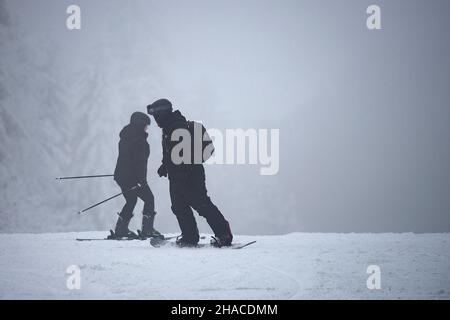 12 décembre 2021, Hessen, Gersfeld : une snowboarder et une skieuse féminine skient sur la Wasserkuppe le premier week-end de ski.Photo: Sebastian Gollnow/dpa Banque D'Images