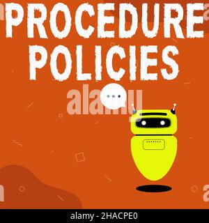Affiche textuelle indiquant les règles de procédure.Aperçu de l'entreprise étapes des principes directeurs règles et règlements Illustration de la narration du robot flottant mignon Banque D'Images