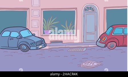 les voitures sont garées dans une rue de la ville le long du trottoir.Parking près de la maison.Dessin à la main rétro de bande dessinée Illustration de Vecteur