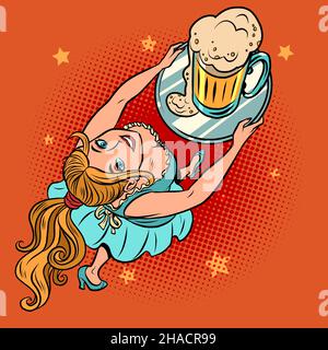 serveur femme souriant avec une tasse de bière, oktoberfest, bar restaurant pub Illustration de Vecteur