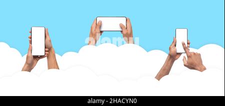 Communication mondiale.Mains tenant à l'aide d'un smartphone avec écran vide Banque D'Images