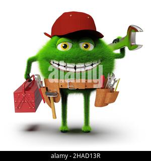 Monstre à fourrure verte comme handyman avec boîte à outils, clé et ceinture à outils, isolé sur fond blanc, rendu 3D Banque D'Images