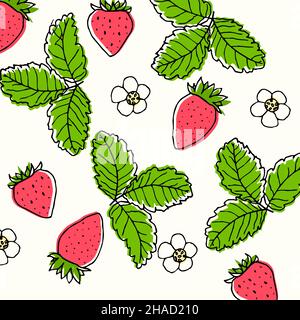 Motif sans couture de fraises et de fleurs Illustration de Vecteur