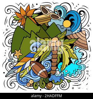 Illustration de l'effet de coolé du vecteur figui.Composition colorée et détaillée avec beaucoup d'objets et de symboles exotiques. Illustration de Vecteur