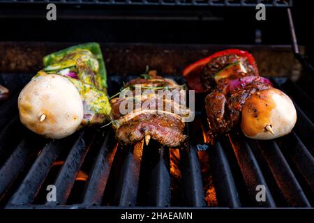 brochettes de légumes et de viande sur le gril à gaz Banque D'Images