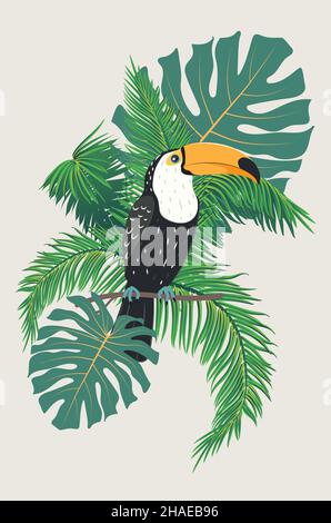 Dessin animé oiseau de toucan avec illustration de feuilles tropicales. Illustration de Vecteur