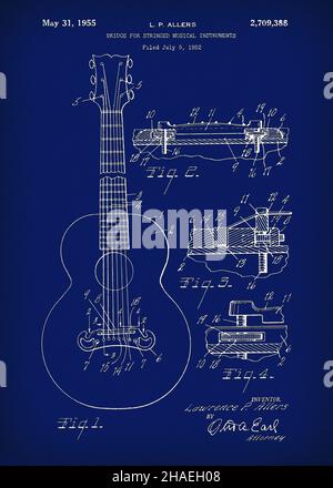 Ce brevet a été créé en utilisant le brevet américain n° US 2 709 388 Gibson Guitar (pont pour instruments de musique à cordes) a été breveté en 1952 par Lawrence P. Banque D'Images