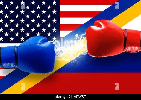 Concept image conflit entre la russie et les etats-unis ou l'Amérique à la frontière ukrainienne.Concept de crise.Des gants de boxe prêts à combattre Banque D'Images