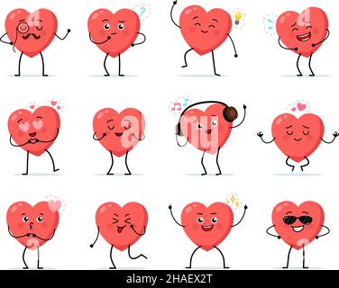 Personnage de coeur de dessin animé.Symboles d'amour mignon avec des visages différentes poses, mains et pieds, février signe de vacances romantiques, drôle d'émotions positives Illustration de Vecteur