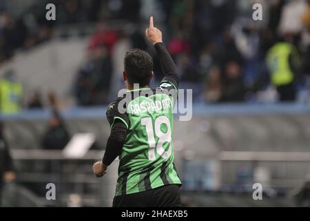 Reggio Emilia, Italie.12th décembre 2021.Giacomo Raspadori (Sassuolo) célèbre le but pendant les États-Unis Sassuolo vs SS Lazio, football italien série A match à Reggio Emilia, Italie, décembre 12 2021 crédit: Agence de photo indépendante / Alamy Live News Banque D'Images