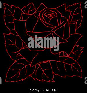dessin d'une rose rouge sur fond noir Banque D'Images
