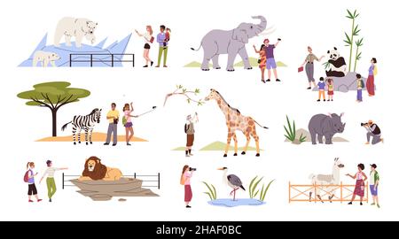 Visiteurs du zoo.Animaux sauvages exotiques dans les volières, derrière les clôtures, les gens regardent.Des hommes heureux, des femmes et des enfants qui marchent ensemble, une famille éducative Illustration de Vecteur