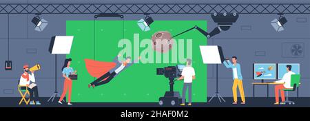 Processus de production de films.Action d'acteur sur écran vert, tournage de scène de film, artiste de cinéma, équipe de film, réalisateur et opérateur avec professionnel Illustration de Vecteur