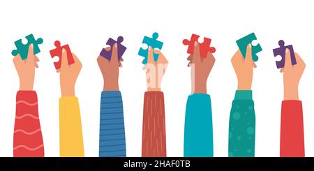 Groupe de personnes multiethniques aux bras levés tenant un morceau de scie sauteuse.Des collègues de races et de culture diverses.Coopérer et collaborer.Concept o Illustration de Vecteur