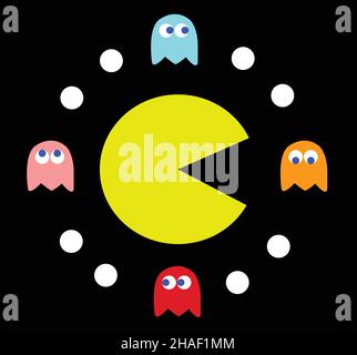 Illustration du vecteur de thème de jeu PAC-Man.Jeu d'ordinateur rétro avec des personnages de Pac-Man, Pinky, Blinky, Inky et Clyde Illustration de Vecteur