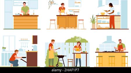 Les gens cuisinant.Préparation des aliments.Les hommes et les femmes coupent les ingrédients de la recette.Faites bouillir le couple et faites-le frire sur la cuisinière.Les personnes font le dîner dans la cuisine et la cour.Déjeuner Illustration de Vecteur