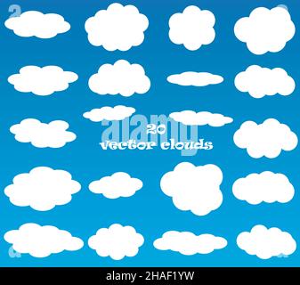 Icônes de vecteur de nuage isolées sur fond bleu dégradé, blanc Fluffy vecteur nuages ensemble Illustration de Vecteur