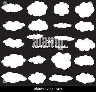 Icônes de vecteur de nuage isolées sur fond noir, blanc Fluffy vector nuages ensemble Illustration de Vecteur