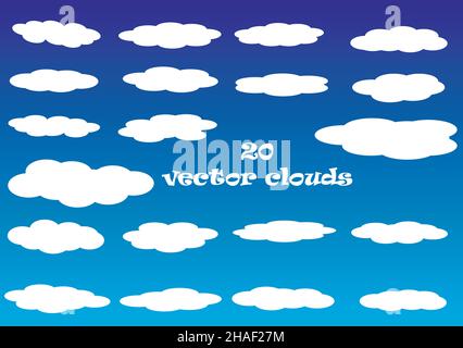 Icônes vectorielles de nuages plats isolées sur fond ciel bleu, nuages vectoriels blancs moelleux ensemble Illustration de Vecteur