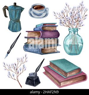 Illustration aquarelle dessinée à la main.Un tas de vieux livres de couleurs, une bouteille d'encre, un stylo à encre, une brindille florale dans un vase, une cafetière, une tasse de café. Banque D'Images