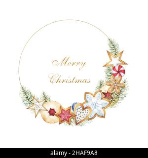 Couronne dorée à l'aquarelle de la saison des fêtes de Noël, avec biscuits en forme d'étoile, de coeur et de flocons de neige, pain d'épice et friandises Banque D'Images