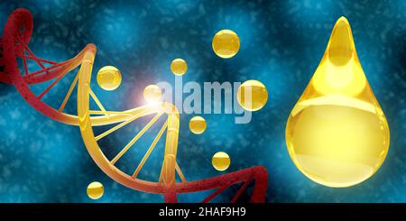 Des gouttes d'huile dorées sur un brin d'ADN.Concept de traitement cosmétique.illustration 3d. Banque D'Images