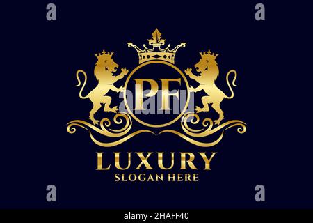 Modèle de logo PF Letter Lion Royal Luxury dans une illustration vectorielle pour les projets de marque de luxe et autres illustrations vectorielles. Illustration de Vecteur