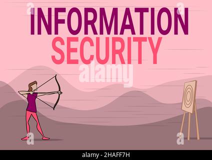 Écriture affichage de texte sécurité des informations.Aperçu de l'entreprise INFOSEC empêcher la protection des accès non autorisés Lady Archer Illustration Banque D'Images