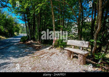 En septembre, un siège fait de grumes d'arbre, pour les randonneurs fatigués de se reposer, à côté de l'étroite route de montagne bordée d'arbres, obscurcissant partiellement le Mont Lovcen b Banque D'Images