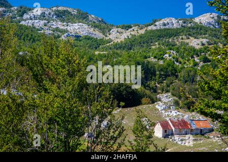 Temps ensoleillé à la fin de l'été, sud-ouest du Monténégro, belle zone spéciale pour les gens monténégrins.petits bâtiments ruraux dans le premier plan entouré par Banque D'Images