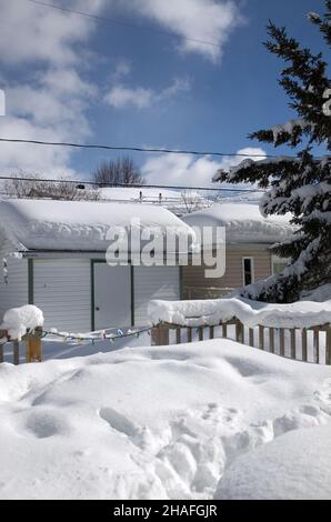 Arrière-cour urbaine dans le Nord du Canada après la tempête de neige verticale d'hiver Banque D'Images