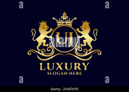 Modèle de logo UJ Letter Lion Royal Luxury dans une illustration vectorielle pour les projets de marque de luxe et autres illustrations vectorielles. Illustration de Vecteur