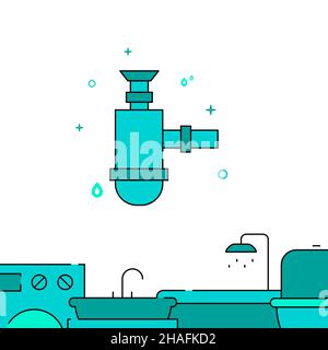 Icône de vecteur de ligne remplie de siphon d'évier, illustration simple, bordure inférieure de plomberie. Illustration de Vecteur