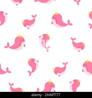 Le motif est une sorte de baleine rose dans des couleurs roses délicates.Une baleine avec une couronne dorée.Fier et doux.Illustration vectorielle. Illustration de Vecteur