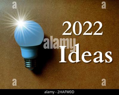 2022 idées écrites sur un mur en bois avec fond d'ampoule Banque D'Images