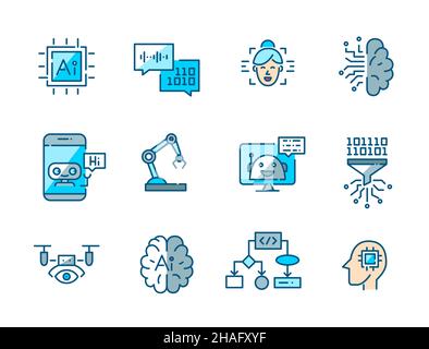 Jeu d'icônes colorées pour l'intelligence artificielle.Big Data, vision et apprentissage des machines, reconnaissance vocale et faciale.Pixel parfait, contour modifiable Illustration de Vecteur