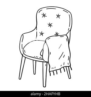 Fauteuil confortable avec un plaid isolé sur un fond blanc.Illustration vectorielle dessinée à la main, style doodle.Parfait pour les motifs de vacances, les cartes Illustration de Vecteur