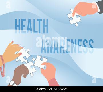 Affiche textuelle indiquant la sensibilisation à la santé.Mot pour promouvoir les questions communautaires et l'action préventive Illustration des mains tenant Jigsaw Puzzle pièces Banque D'Images