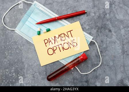 Inspiration montrant les options de paiement de l'enseigne.Aperçu de l'entreprise la façon de choisir pour indemniser le vendeur d'un service de recherche de médicaments préventifs Banque D'Images