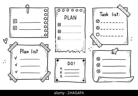 Ensemble de listes de vérification pour les Doodle.À faire, liste des tâches avec illustration vectorielle cochée.Page de mémo de style d'esquisse dessinée à la main. Illustration de Vecteur
